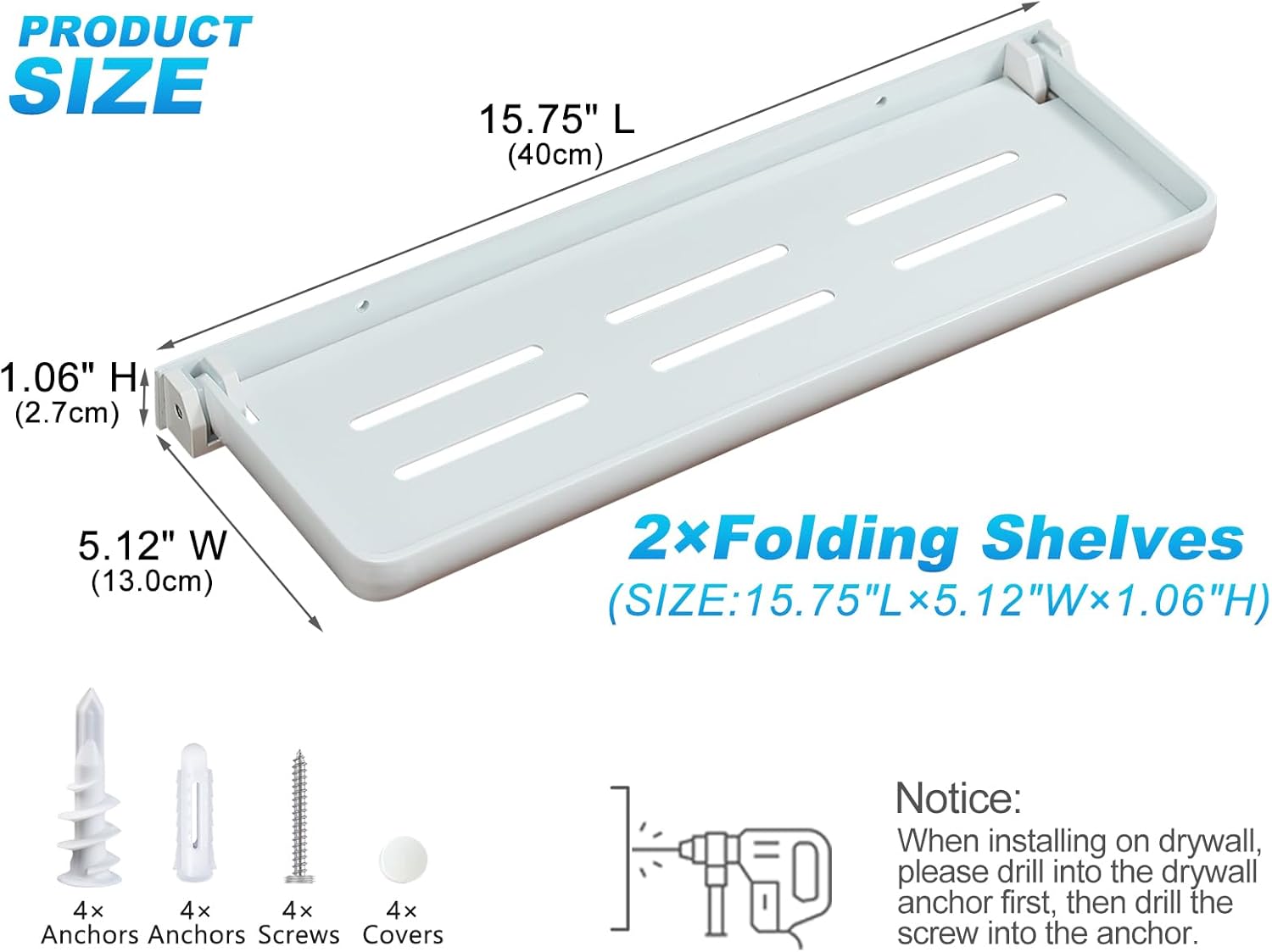 White Folding Wall Shelf | Wall Mounted Bathroom Floating Metal Shelf | 90° Fold Up | Space-Saving Floating Shelf for Laundry Room, Toilet Room, RV, Sink (2-Pack, White)