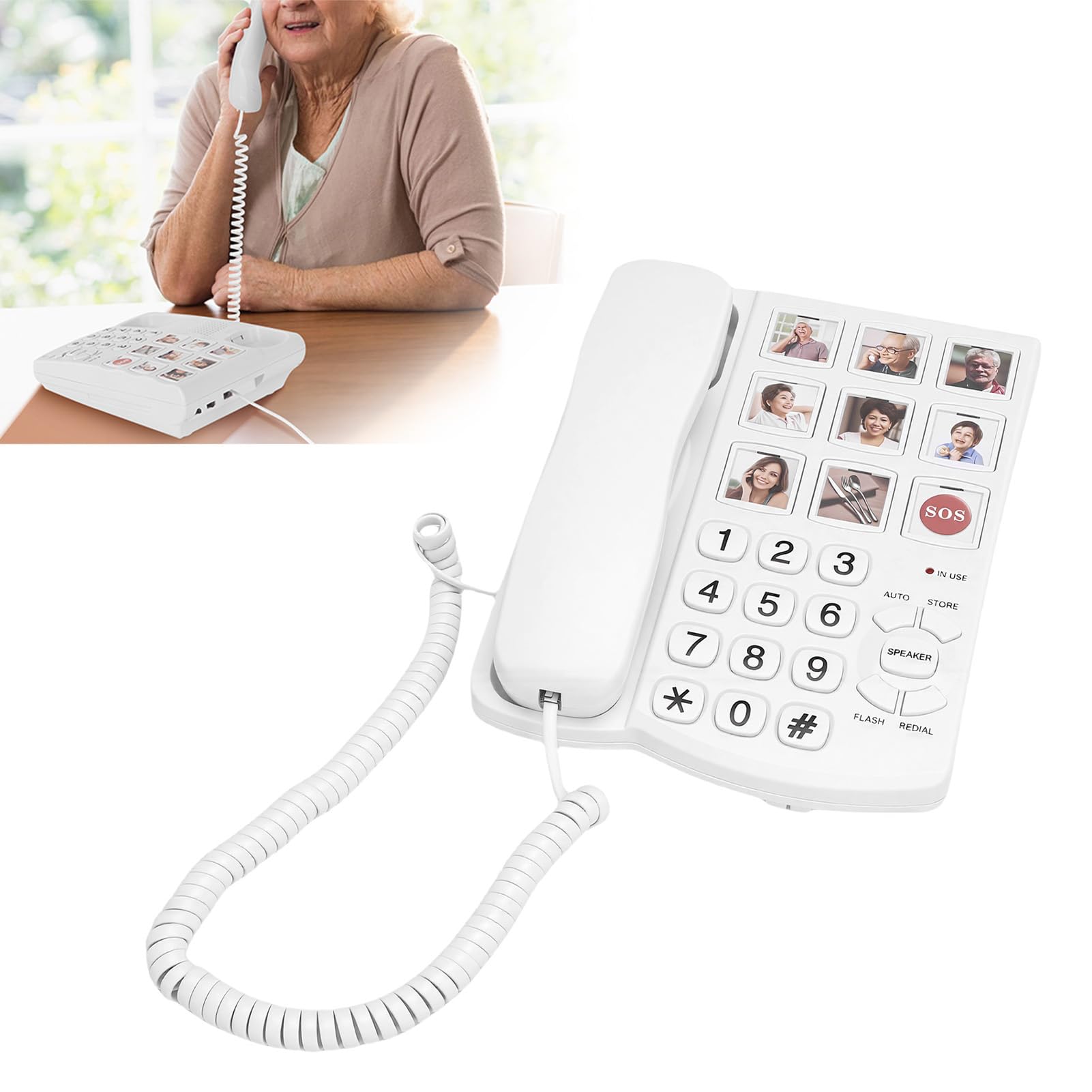 Telefono dei pulsanti grandi, 9 grandi pulsanti immaginati, Telefono fisso con cavo con funzione mani libere, con un tocco per gli anziani con disabilità visive