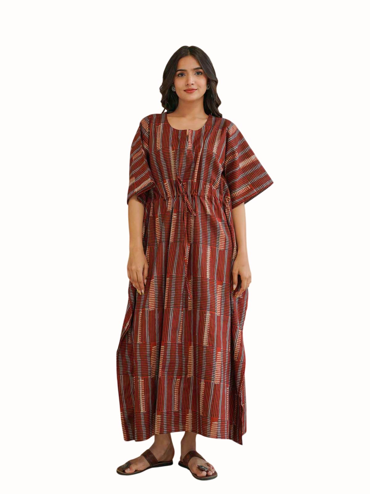 goodhand Women’s Printed Pure Cotton Long Kaftan Dress | Casual Woven V-Neck Comfortable Lounge, Dress for Women Deep Red-picture-37
