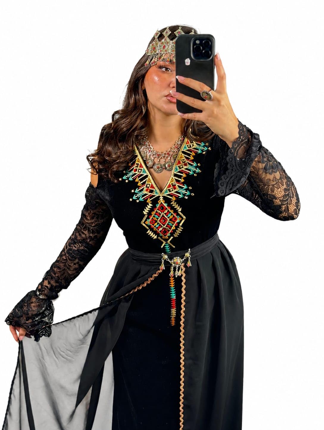 Robe Kabyle traditionnelle velours noir manches dentelle - 5