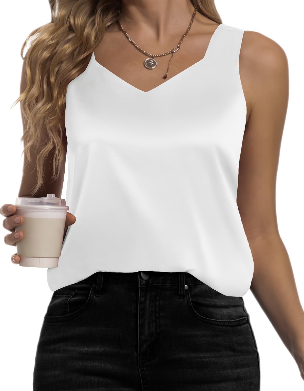 Karcermee Women's Silk Satin Tank Tops V Neck Camisole Casual Cami Sleeveless Shirt Blouses Silky Basic Tanks