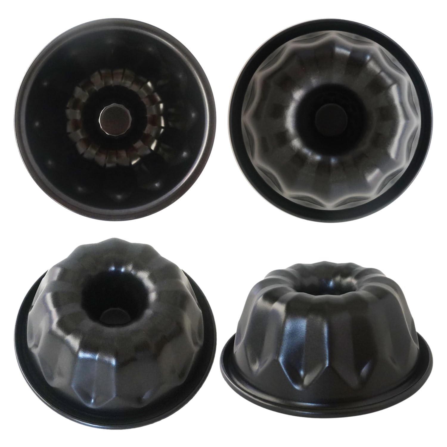 Mini Bundt - Molde para pasteles para hornear 4 pulgadas, molde antiadherente de metal estriado, molde de acero al carbono para magdalenas, magdalenas, brownie, kugelhopf, gelatina, negro, 4 4