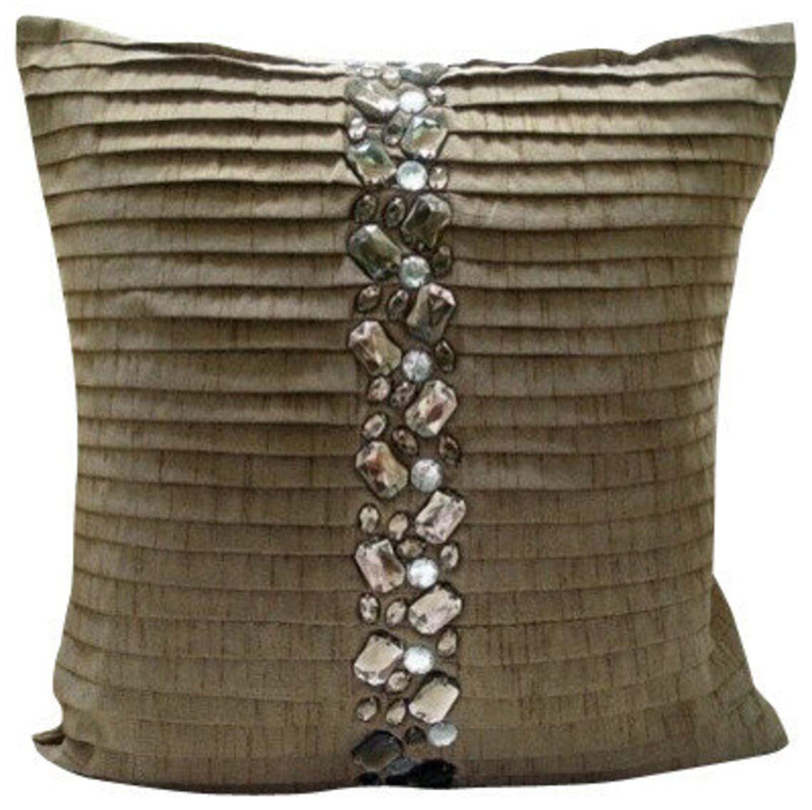 The HomeCentric Champagne Brown Cushions Cover 30x30 cm (12x12 inch) Silk Pillowcase Crystals Pinktucks, Decorative Square Throw Pillow Cover for Couch with Invisible Zipper - Almost Real โ image 1