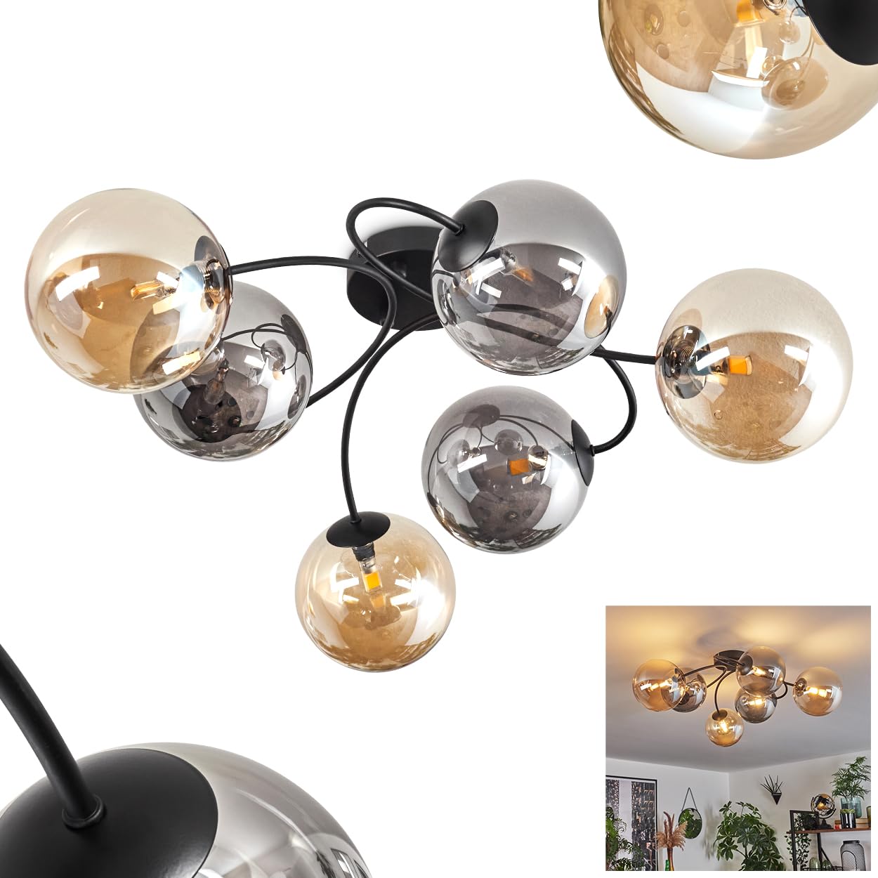 Hofstein Light/Black/Amber Chehalis Ceiling Ceiling Lamp Made Of Metal/Glass In /Smoke/ Colour, Luminaire In Retro/Vintage Design With Glass Shades (Ø 15 Cm), 6 X G9 Led, Without Bulbs