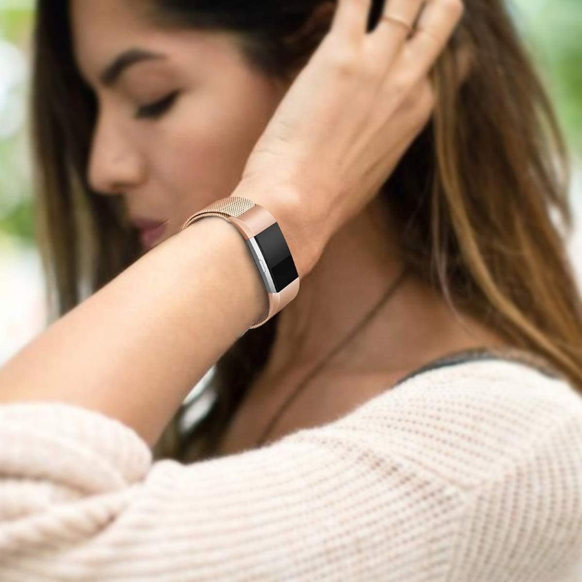 Valband 3 Pack Replacement Bands Compatible with Fitbit Charge 2, Stainless Steel Metal Lock Replacement Wristban with Unique Magnet Clasp (Large)