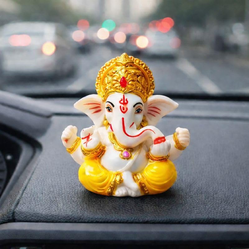 ArteVatika Marble Small Ganesha Idol for Car Dashboard | 2.2 x 2.2 Inches | Ganpati Murti with Golden Mukut | Decorative Mini Ganesh Statue for Home, Office & Gift | (Yellow)