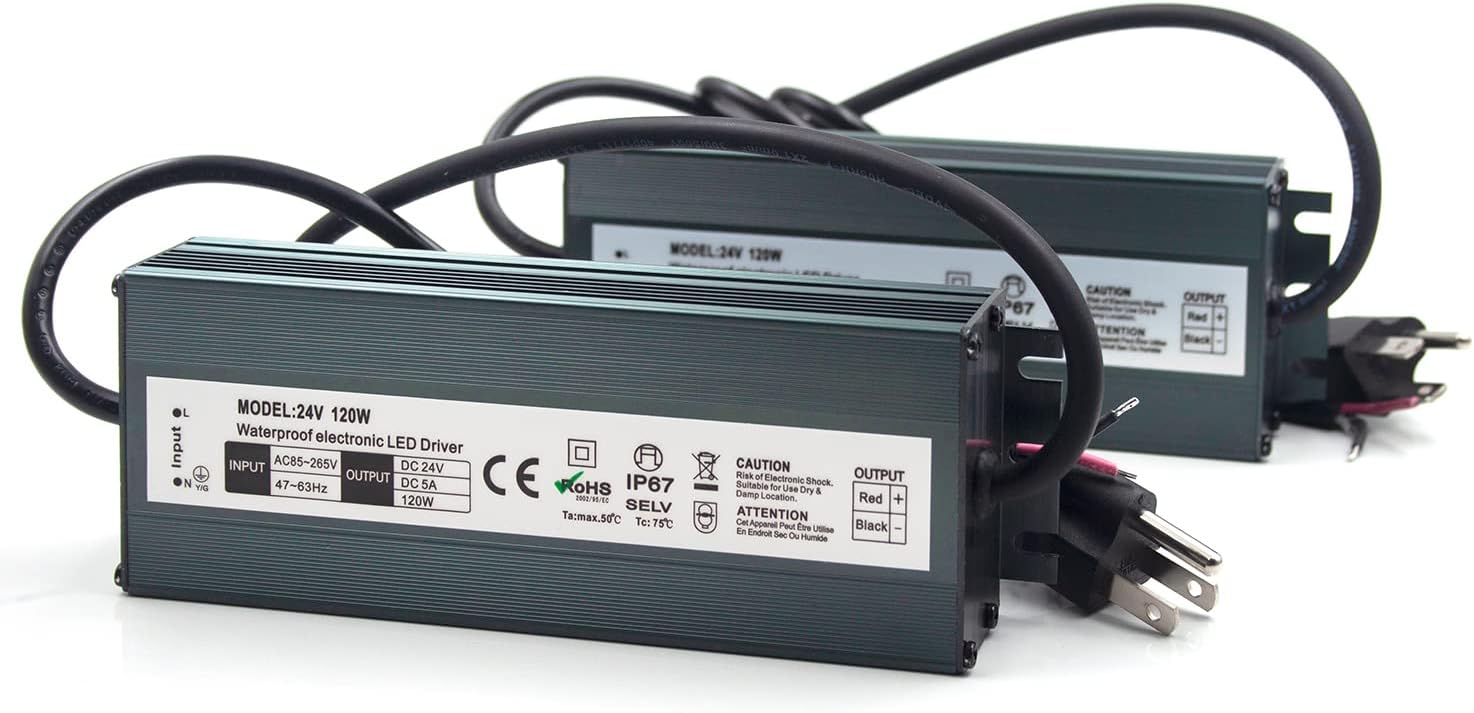 2 Pack LED Driver 24V 120W Waterproof IP67 Power Supply Transformer, 85-265V AC to 24V DC Low Voltage Output, LED Transformer with 3-Prong Plug Cable for LED Light, Computer Project, Outdoor Light