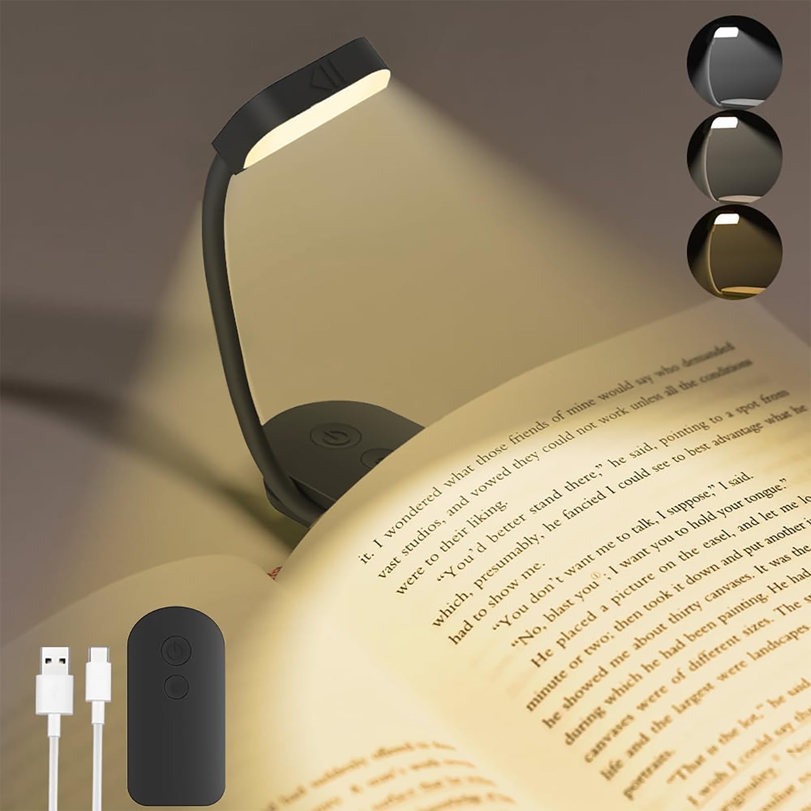Auting Leselampe Buch Klemme,Mini Buchlampe Dimmbar,USB Wiederaufladbare leselampe mit 9 LEDs,3 Farbtemperatur Modi Klemmlampe,360° Flexibel Klemmleuchte für Nachtlesen ins Bett, kinder,Reisen-Schwarz