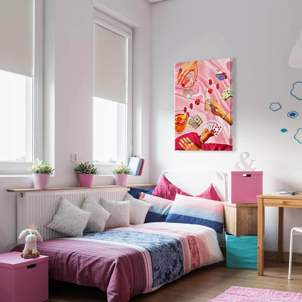 Vintage Pink Casino Dice and Cocktail Canvas Wall Art