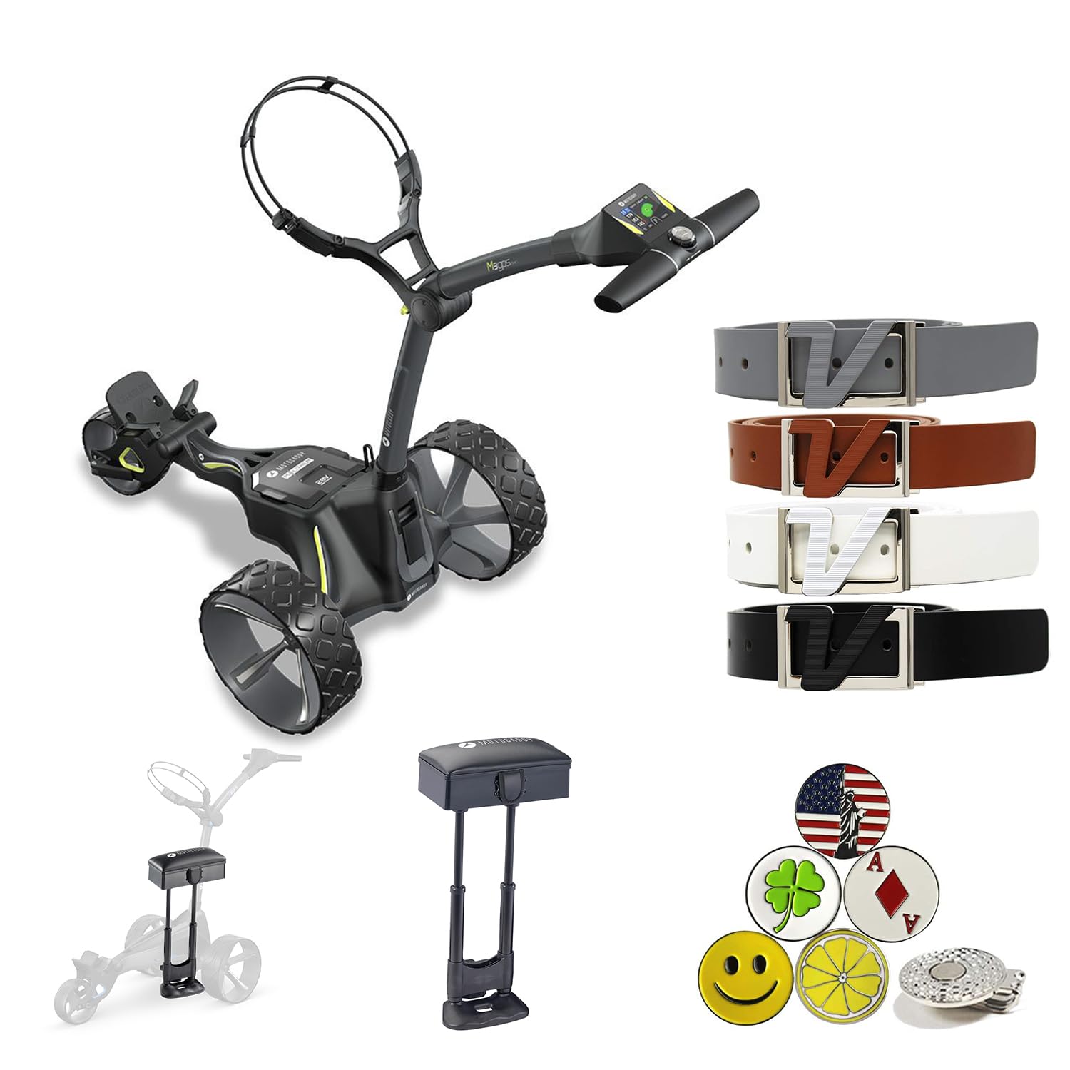 Motocaddy M3 GPS Electric Caddy Cart, NO Remote, Bundle with Holders for Umbrella/Scorecard/Drink, Device Cradle, Volvik Leather Belts, M Series Seat, 5 Ball Markers, & 1 Magnetic Hat Clip