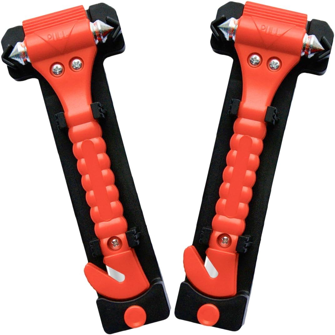 CUXUS 2 Pack Car Safety Hammer, Window Breaker Seatbelt Cutter Auto Bus Emergency Escape Tool, Vehicle Window Punch Glass Breaker Auto Rescue Kit Life Saving Hammer with Holder