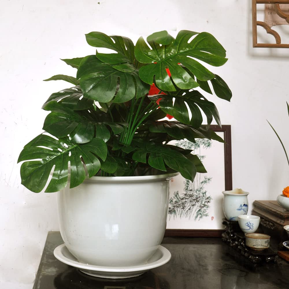 SWENEEN Pure White Chinoiserie Flower Pot Indoor Outdoor Plants Planter Jingdezhen High Temperature Porcelain Flower Pot With Tray,White-33cm