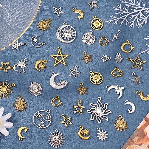 SUPERFINDINGS 2 Bags 2 Colors Sun Moon Star Jewelry Making Charm Tibetan Style Pendants Smooth Tibetan Silver Metal Charms Pendants for DIY Craft Jewelry Making - Image 4