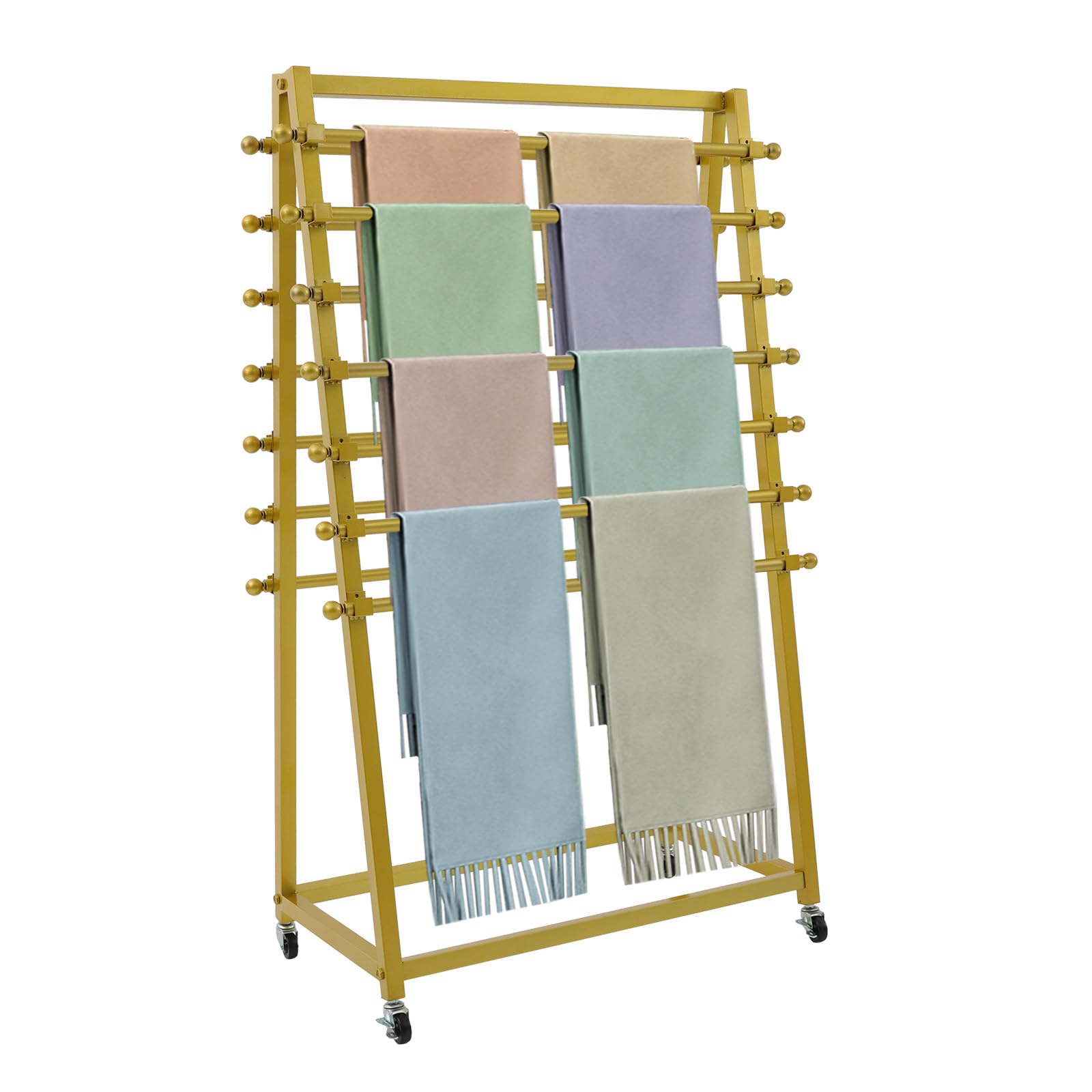 GXFCHYL 15 Tiers Metal Ribbon Holder Organizer Rack Double-Sided Ribbon Rack with 4 Universal Wheels, Scarf Display Stand for Pants, Ties, Belt and Towels (Gold)