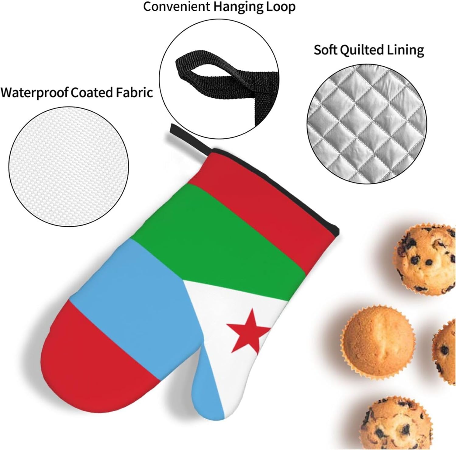 Flag of Djibouti Oven gloves and heat-resistant mat 4-piece set. Suitable for grilling, microwave oven frying, and baking