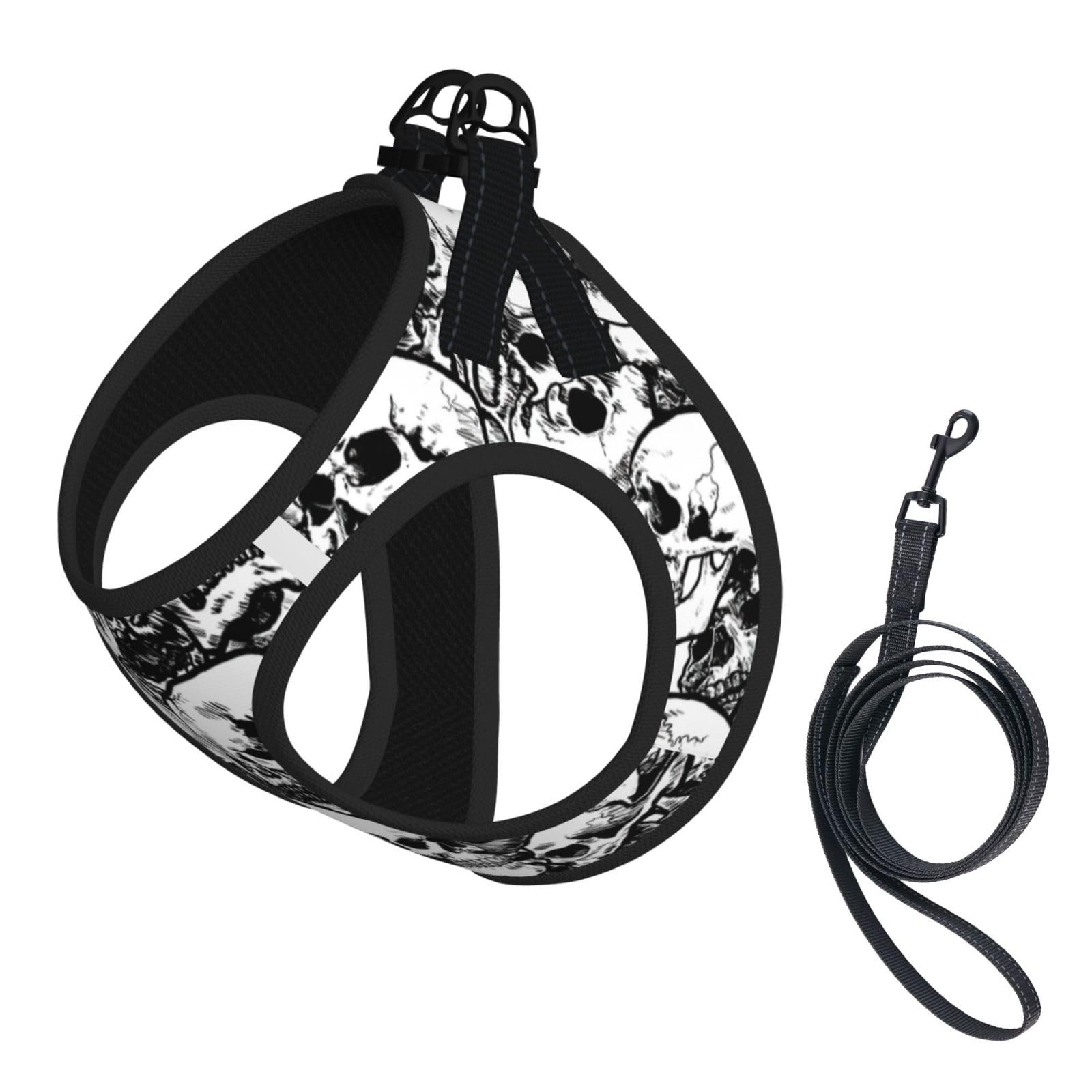 Black and white skulls pattern Print Dog Harness and Leash Set,Breathable Adjustable Escape Proof Vest for Cats Dogs