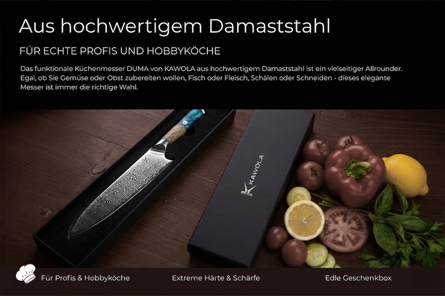 KAWOLA Damast Küchenmesser Santoku Kochmesser 21cm I Küchenmesser Damaststahl I Santoku Messer Damast I Damaststahlmesser Geschenkbox | japanisches Kochmesser
