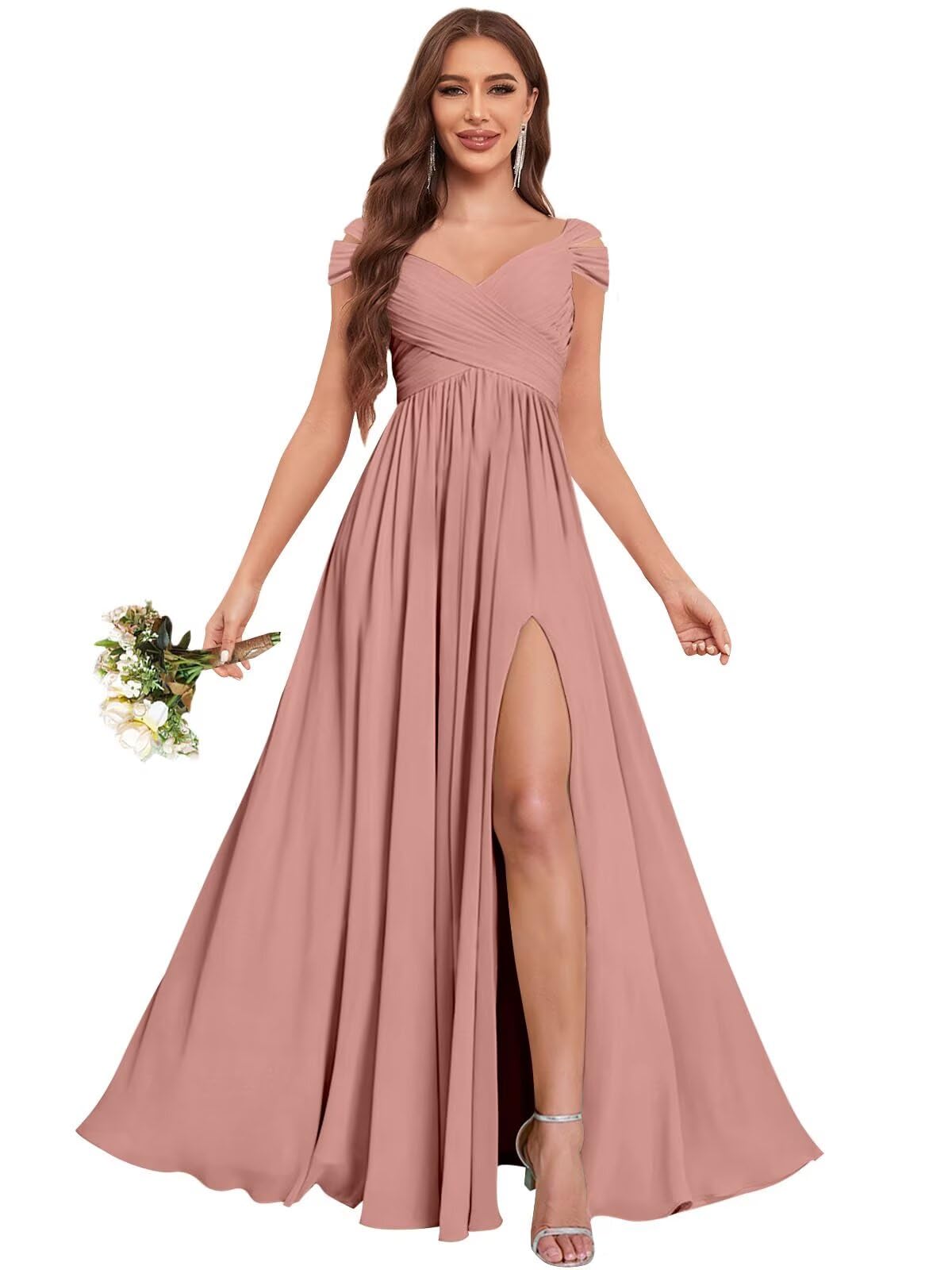 JKMMYO Off The Shoulder Bridesmaid Dresses with Slit Pockets Pleated Chiffon Formal Gowns for Women