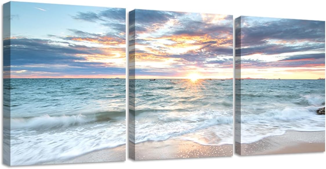 Sunset Ocean Decor Wall Art Beach Nature Landscape Picture Canvas Print for Living Room with Framed 12"x16"x3 Panels