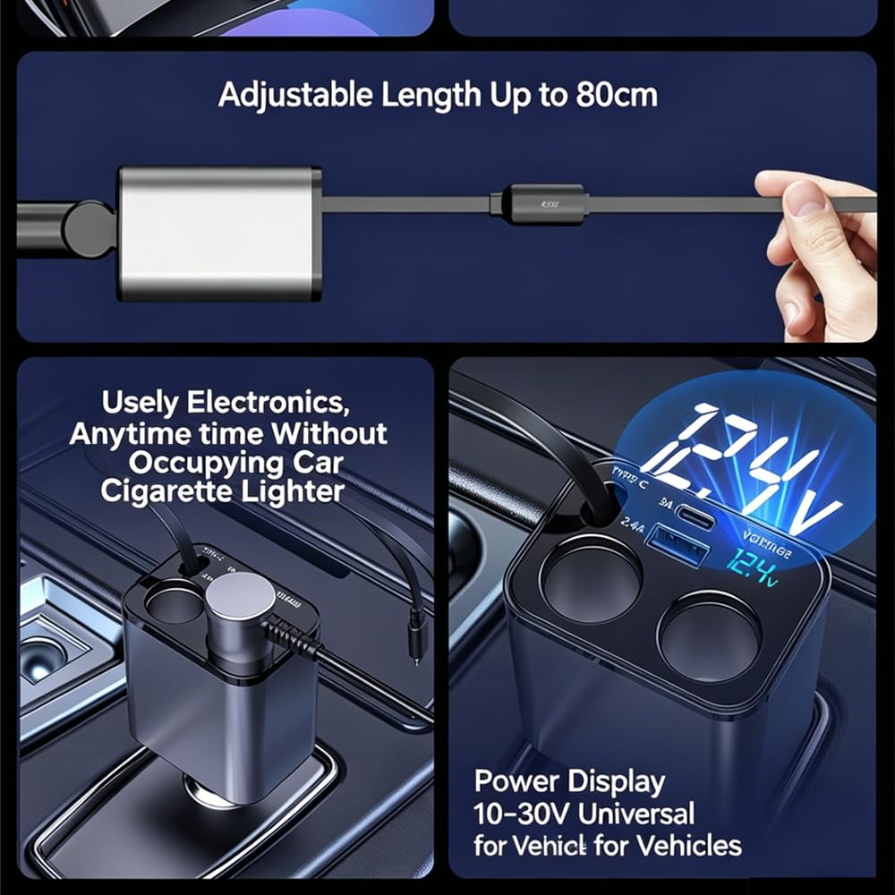 Caricabatteria da auto retrattile 2 in 1 da 90 W con cavi Lightning e tipo C, porta USB, display di tensione, ricarica rapida per tutti i dispositivi mobili