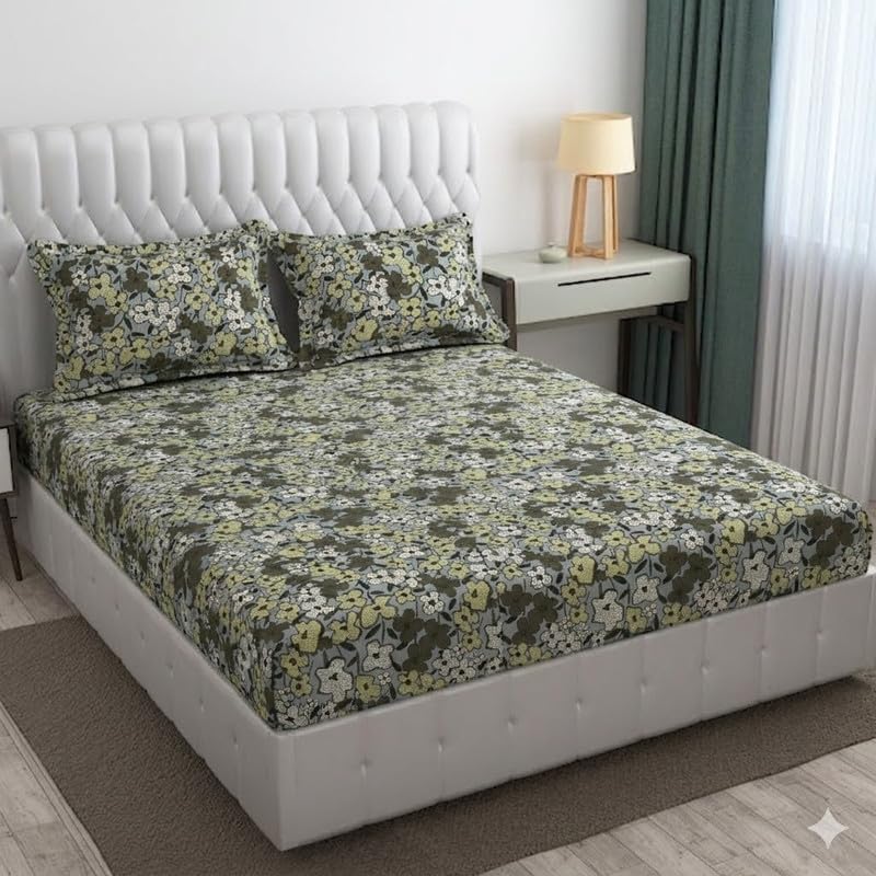 Image of Cotton Bolls Textiles Glace Cotton Fitted Bedsheet 72x72x6 Inch with 2 Pillow Covers - Soft Breathable Fabric, Elastic All Around, Printed Bedding for Double Bed