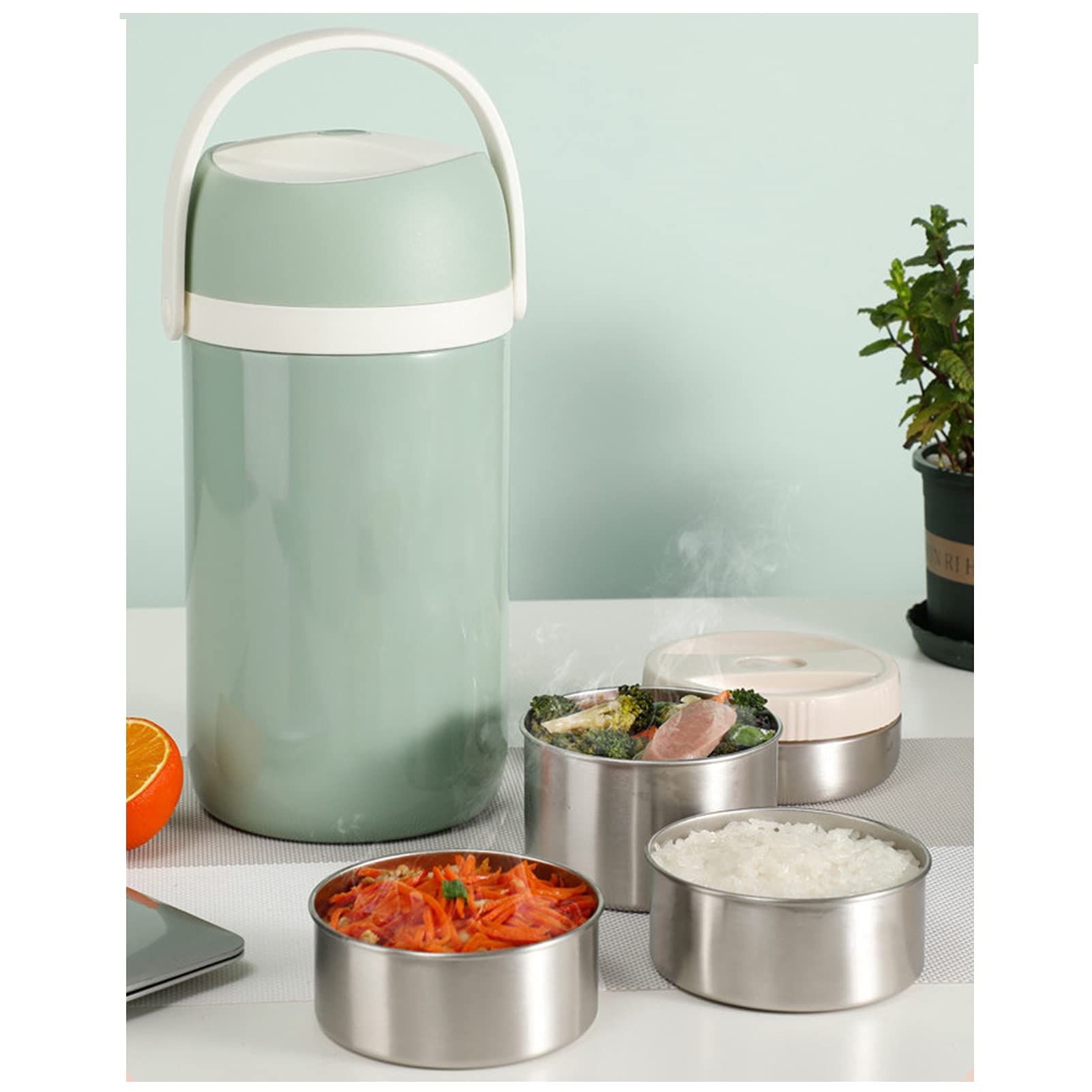 Fiambrera Térmica de Acero Inoxidable, Frasco Aislante térmico para Alimentos Apilable a Prueba de Fugas,Lunch Box Caja bento con Bolsa de Almuerzo y Cuchara Tenedor,Verde,1.6L+2 Layers