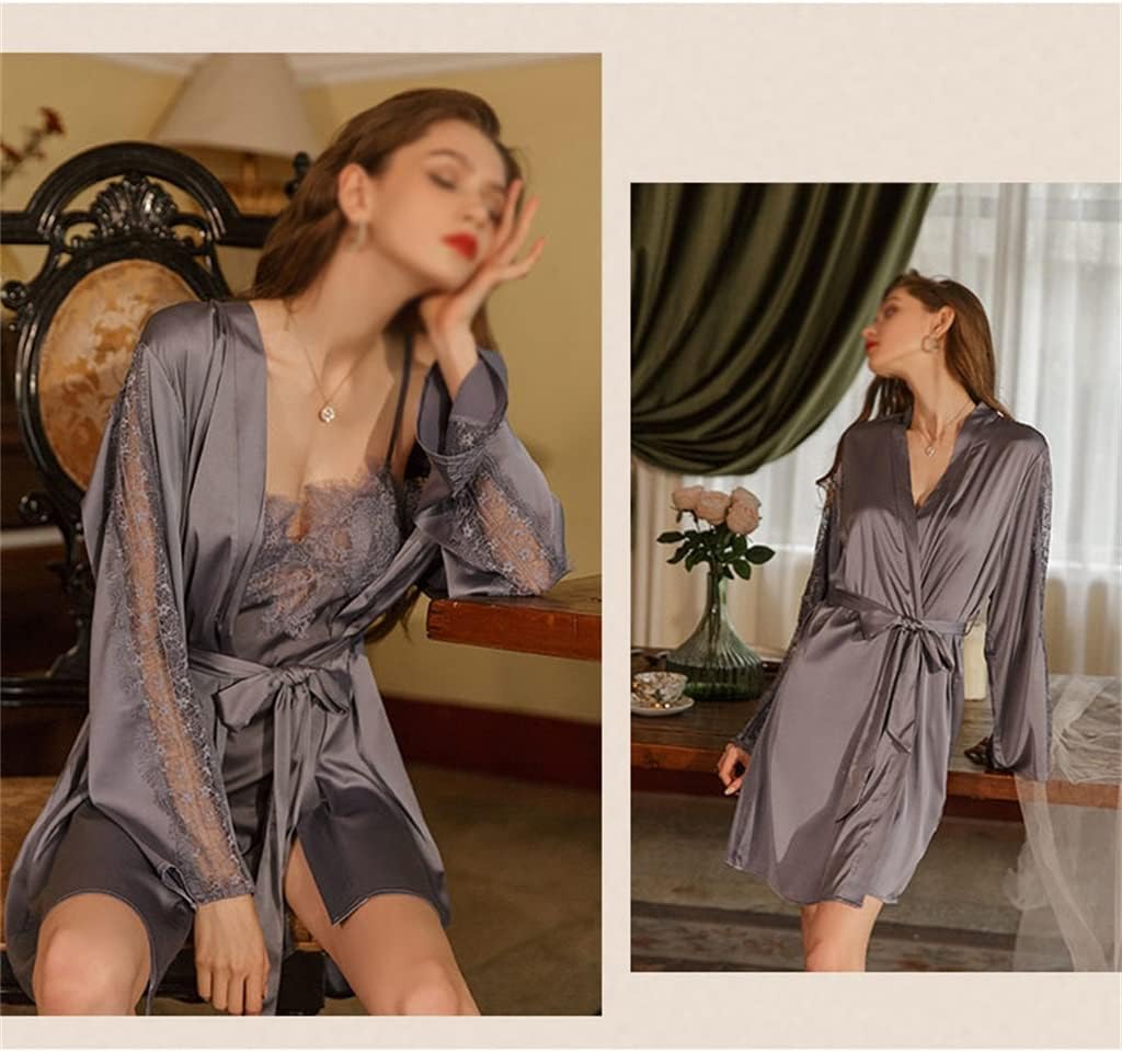YYZKYTO Sexy Pajamas Women's ice Silk Pajamas Suit Spring and Autumn with Breast pad lace Suspenders Nightgown,D-XL