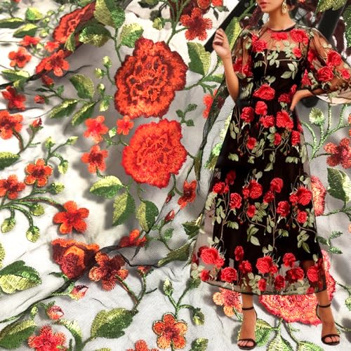 Premium Black Mesh Fabric with Red Embroidery - 2 Yards of Elegance for Fashion and DIY Projects