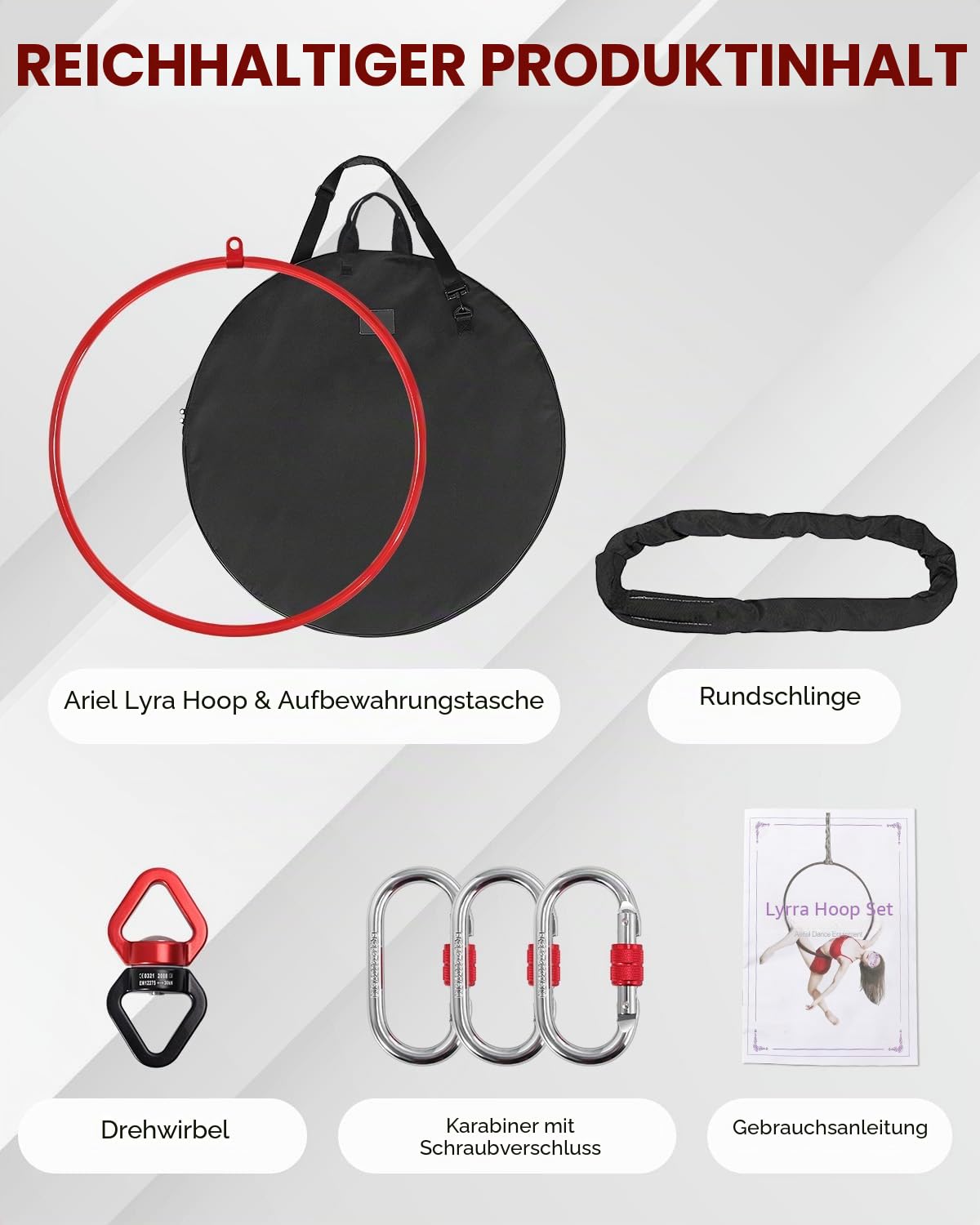 DASKING Aerial Hoop mit ZubehöR Aufbewahrungstasche - Hochwertig Rot 85/90 cm Lyra Hoop Aerial Yoga Set füR Tanz Kunst Yoga Zirkus Luftring Akrobatik, 2 Tonnen-Sicherheitssystem Aerial-Hoop