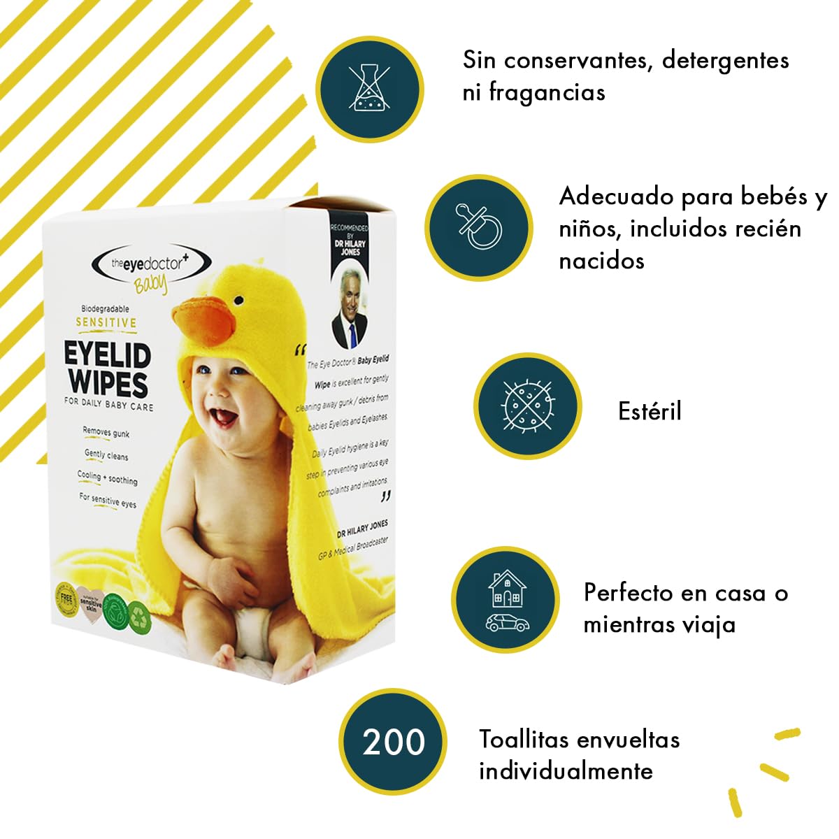 The Eye Doctor Sensitive Baby - Toallitas para párpados de bebé, 200 toallitas estériles seguras para el cuidado diario suave del bebé, sin conservantes, detergentes ni fragancias, envueltas