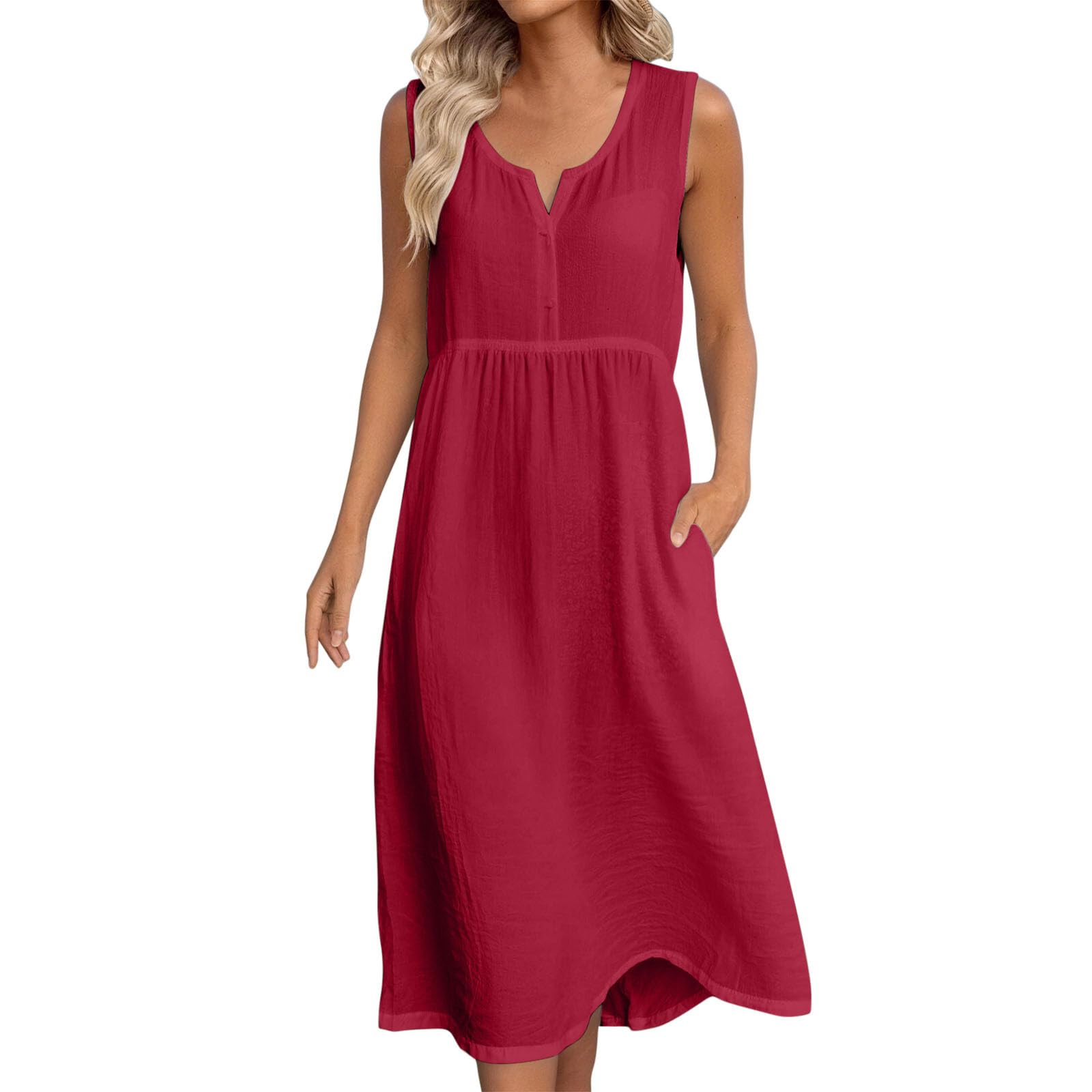 Frostluinai Womens Cotton Linen Midi Dresses Sleeveless Crewneck Empire Waist Loose Comfy Beach Casual Sundress — view 6