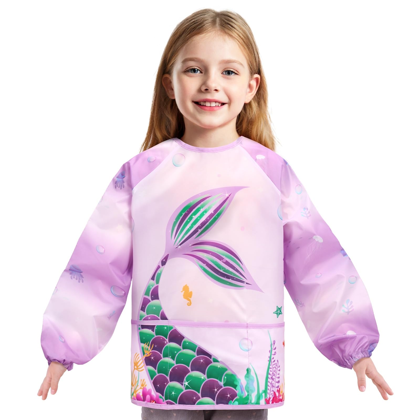 WERNNSAI Kids Art Smock for Girls - Mermaid Kids Aprons Waterproof Toddler Art Painting Smock for Girl 3-6 with Long Sleeve and 3 Pockets Painting Eating Cooking Baking Gardening Apron โ image 1