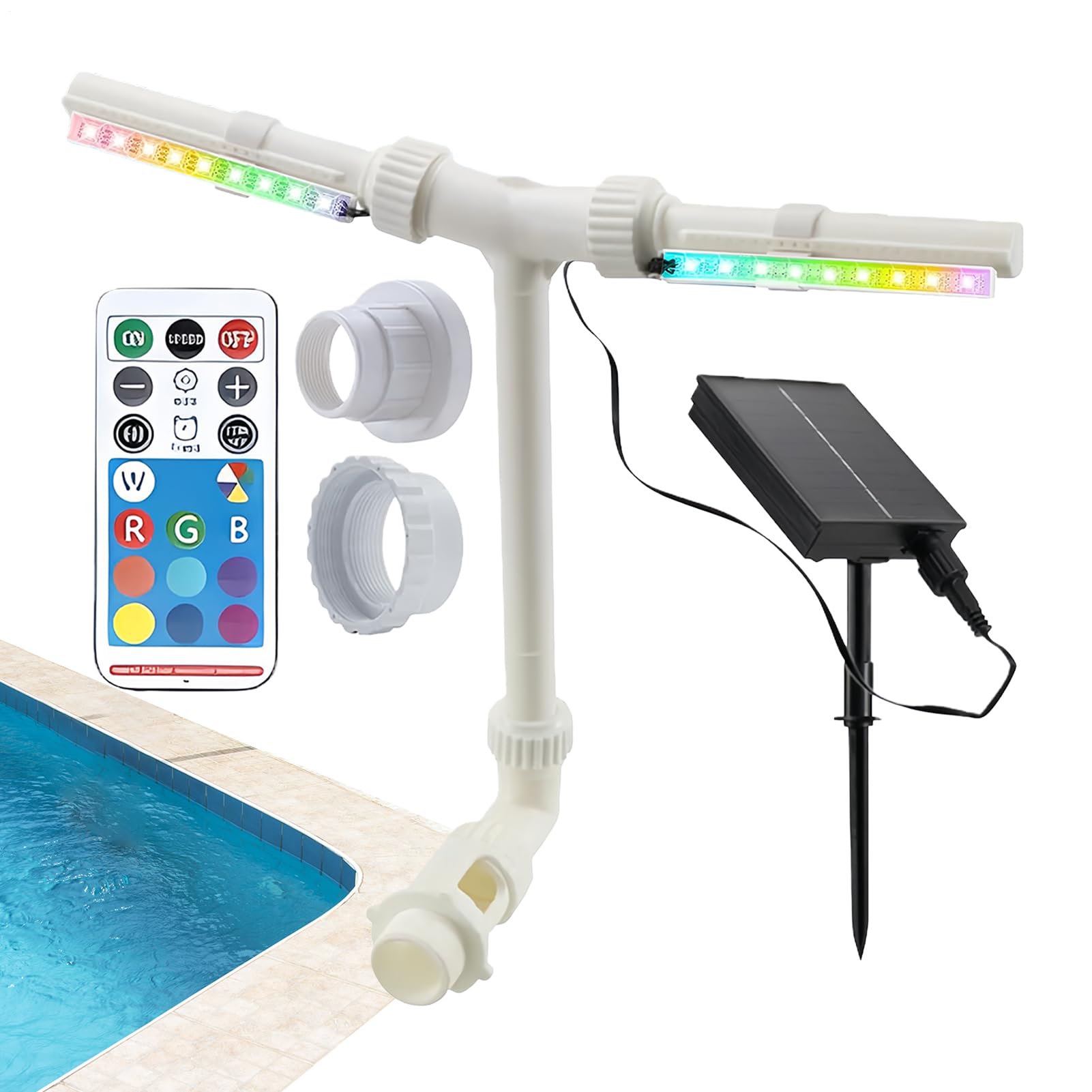 Fontana Acqua per Piscina Dispositivo a Cascata con Doppio Spray | Fontana Solare con Doppio Getto e Luce LED Regolabile a 7 Colori per Stagno,Terrazzo,Giardino,Feste