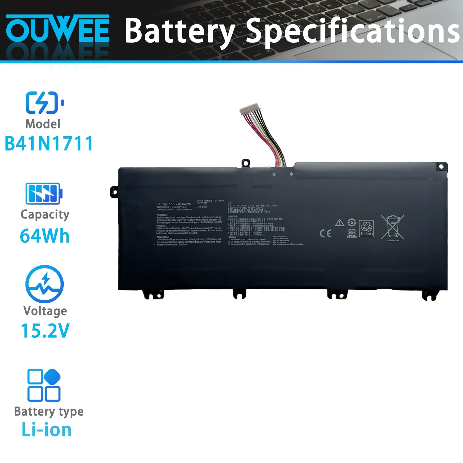 OUWEE B41N1711 Laptop Battery Compatible with Asus TUF Gaming FX705DT-AU068T FX705DD FX705DU FX705DY-AU072 FX705GM FX705GE FX705GD Series B41Bn95 B41Bn9H 15.2V 64Wh 4110mAh(Long Cable)