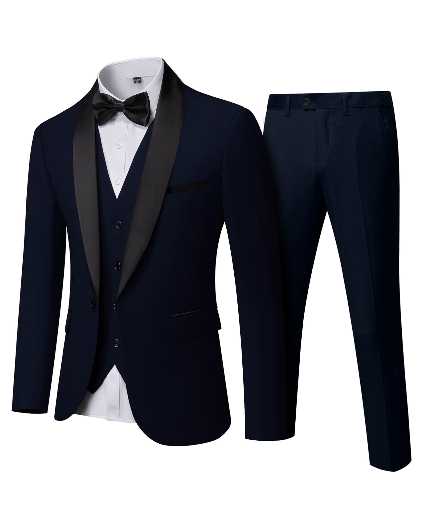 YNDMen's 3 Piece Tuxedo Set with Bow Tie, Slim Fit One Button Shawl Lapel Suit Blazer Vest Pants, for Wedding Prom DinnersGlobal Recycled StandardGlobal Recycled StandardGlobal Recycled Standard
