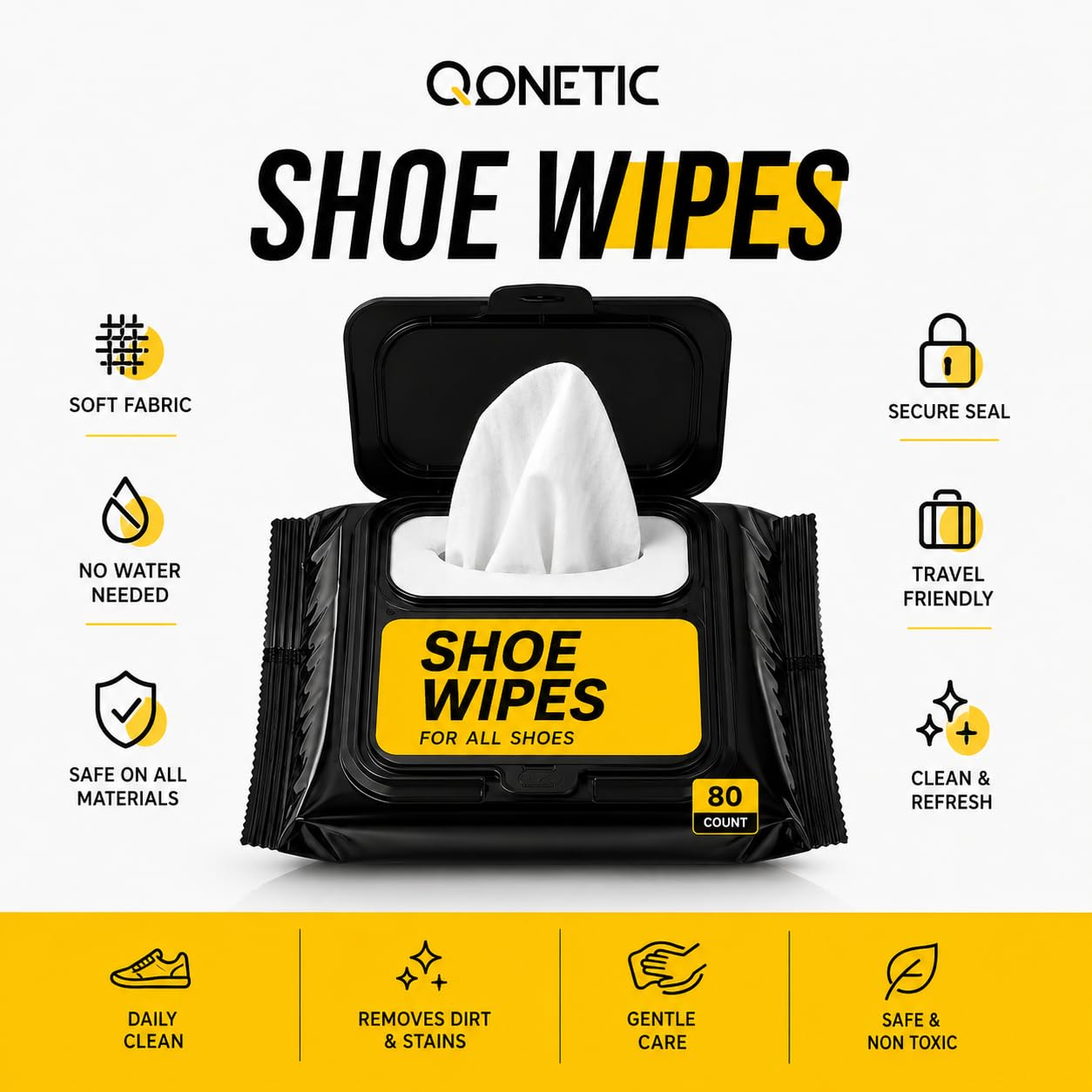 QONETIC Shoe Wipes & Sneaker Cleaner Wipes - 80 Pcs - Travel-Friendly & Disposable Shoe Cleaning Wipes for White Shoes, Leather, Canvas & Sports Footwear - Instant Dirt & Stain Remover