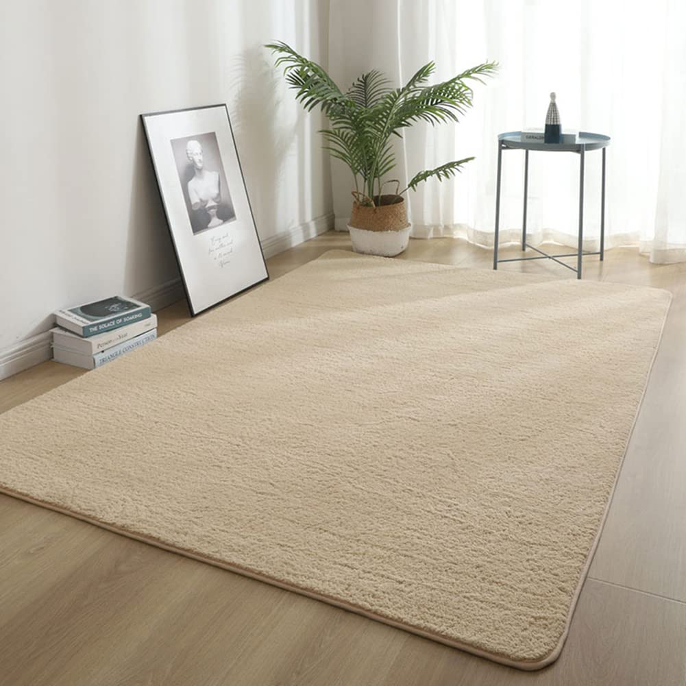 Tapis moderne en peluche douce et moelleuse pour chambre à coucher et salon, tapis antidérapant à poils courts de grande taille (L beige, 160 x 200 cm)
