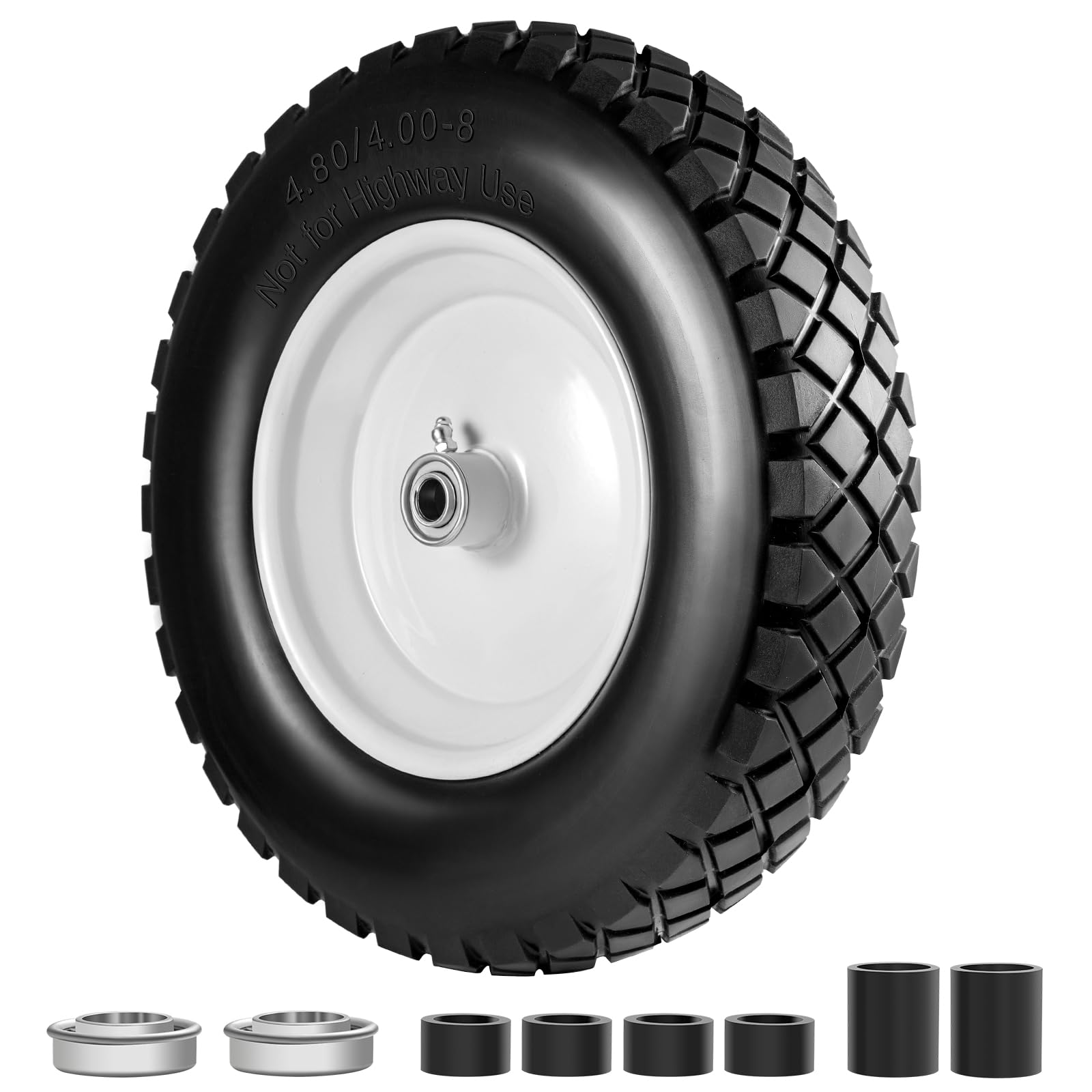 Pneumatico e Ruota Anti-pinchio 4.80/4.00-8" 2 PZ, Ruota Solida da Carrello 38,99 cm con Cuscinetti 15,88 mm & 19,05 mm, Mozzo Centrato 7,62-17,78 cm,per Carrello a Mano/Remorchio da Giardino/Carretto