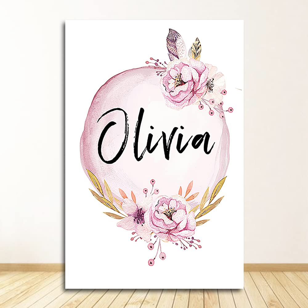 Cuadro Personalizado Con Nombre - Lienzo Decorativo 50x70 Cm, Diseño Floral Rosa, Sin Marco, Para Salón O Dormitorio