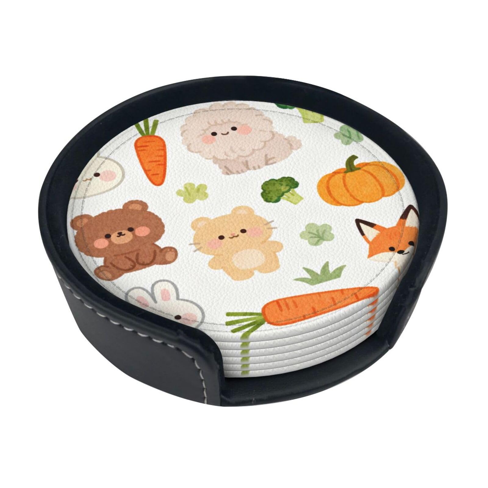 Cute little bear Leather Coasters-Set of 6 with Storage Holder