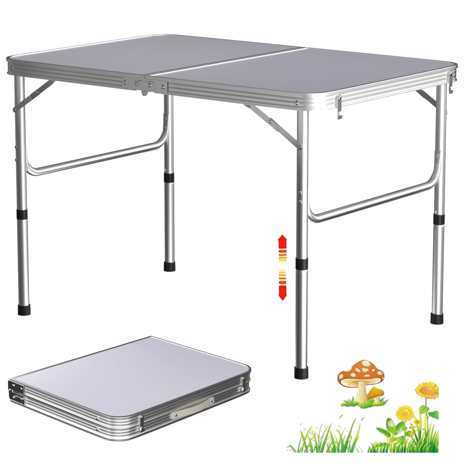 Lucn 3ft Folding Camping Table, Portable Foldable Pop-Up Picnic Tables for Outdoor Indoor Garden, Balcony Market Kitchen Work Table, 2 Height 67/37cm, Table Top Size: 90x60cm