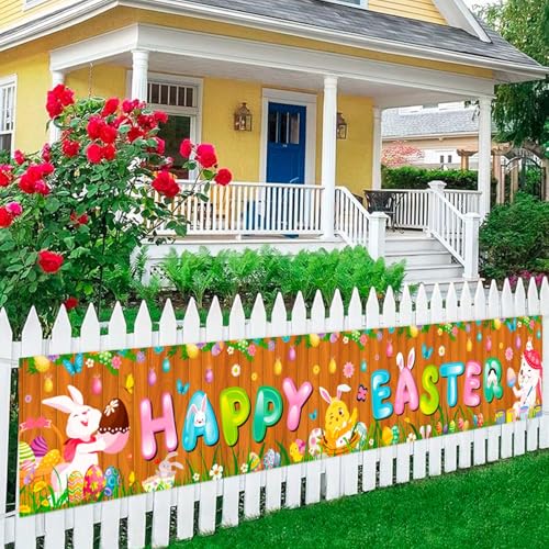 Easter Banners for Outside Fence 118 x 19.6 Happy Easter Yard Sign Fence Banner for Outside Easter Party Decorations