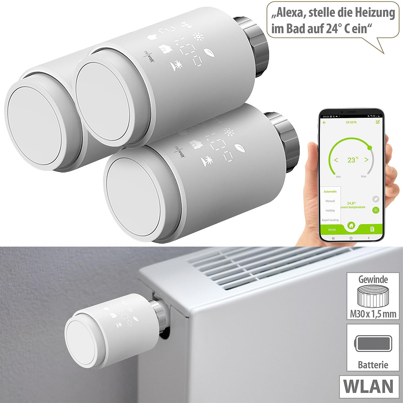 revolt Heizungsthermostat WLAN: 3er-Set programmierbare WLAN-Heizkörperthermostate, App, Sprachbefehl (Heizkörper-Thermostat Smarthome, Digital-Thermostat Heizkörper, Zeitschaltuhr)