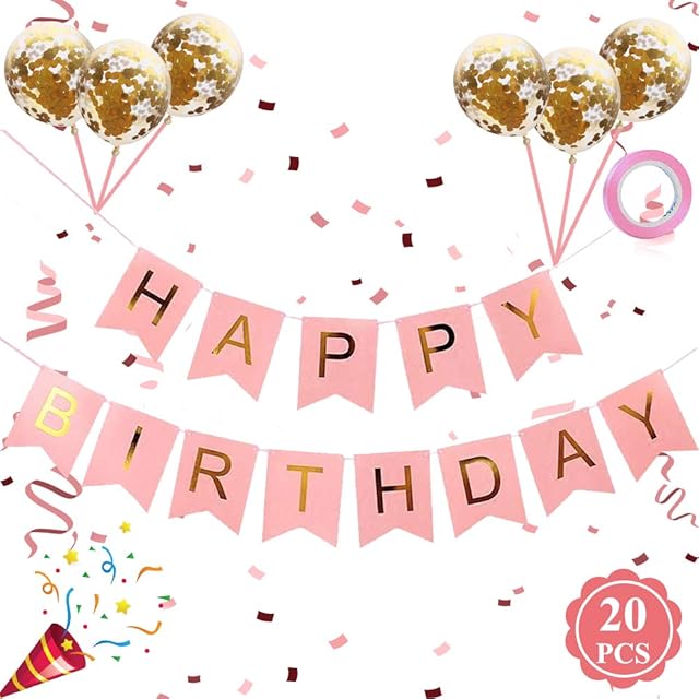 Happy Birthday Banner, Happy Birthday Banners with Gold Latex Confetti Balloons, Pink Happy Birthday Bunting Banners for Girls Boys 1st 18th 21st 30th 40th 50th Any Ages Birthday Party Decorations