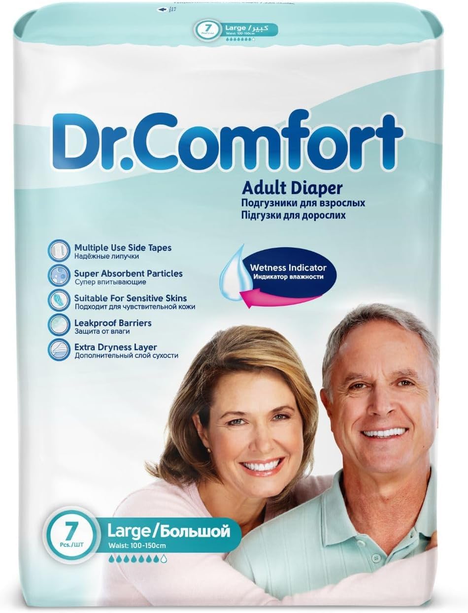 Dr. Comfort Adult Diaper Large 100-150 cm, Super Absorbent, Leakproof, Breathable, Skin-Friendly - Pack of 7