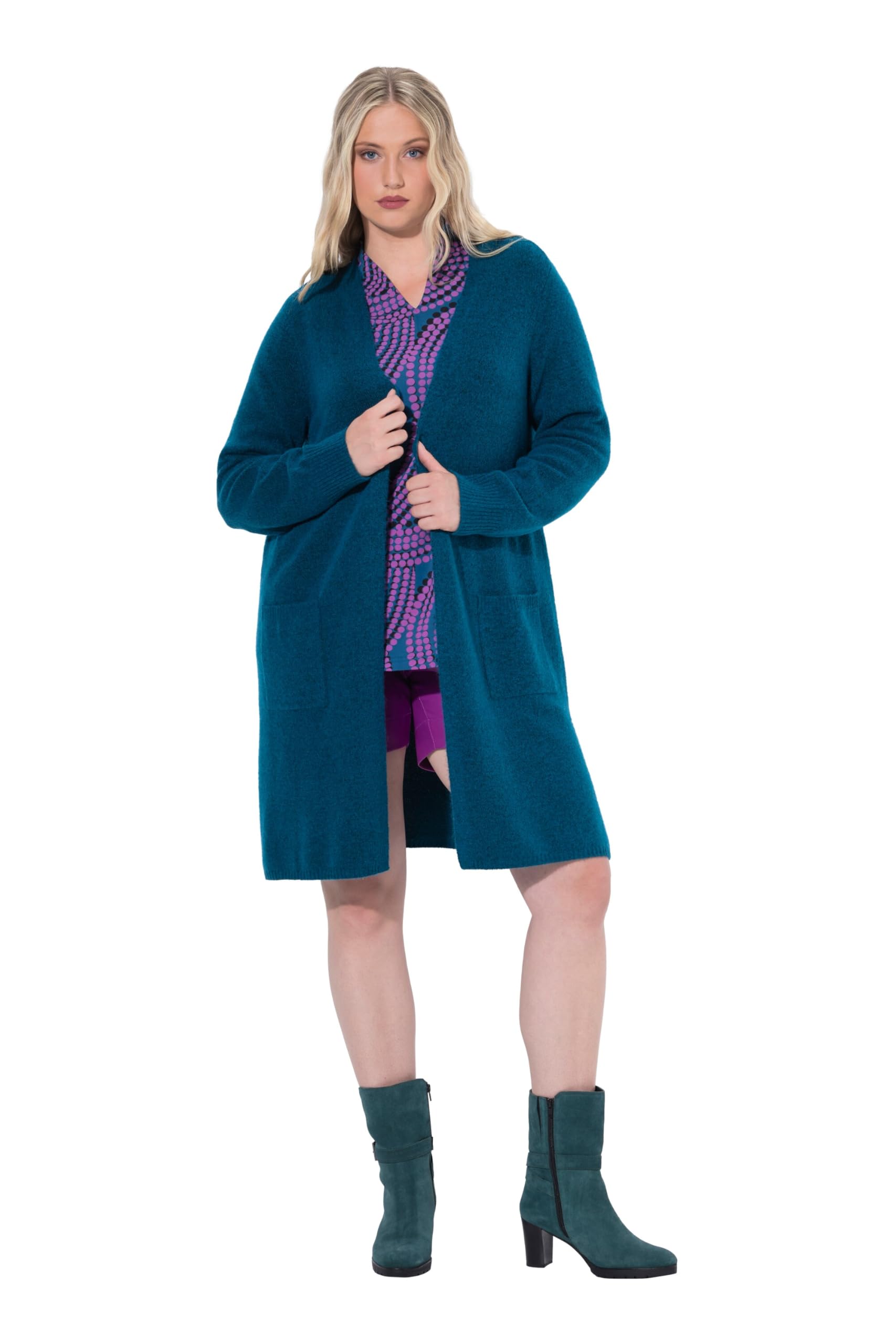 Ulla Popken Damen große Größen Übergrößen Plus Size Long-Strickjacke, offene Form, V-Ausschnitt 830741