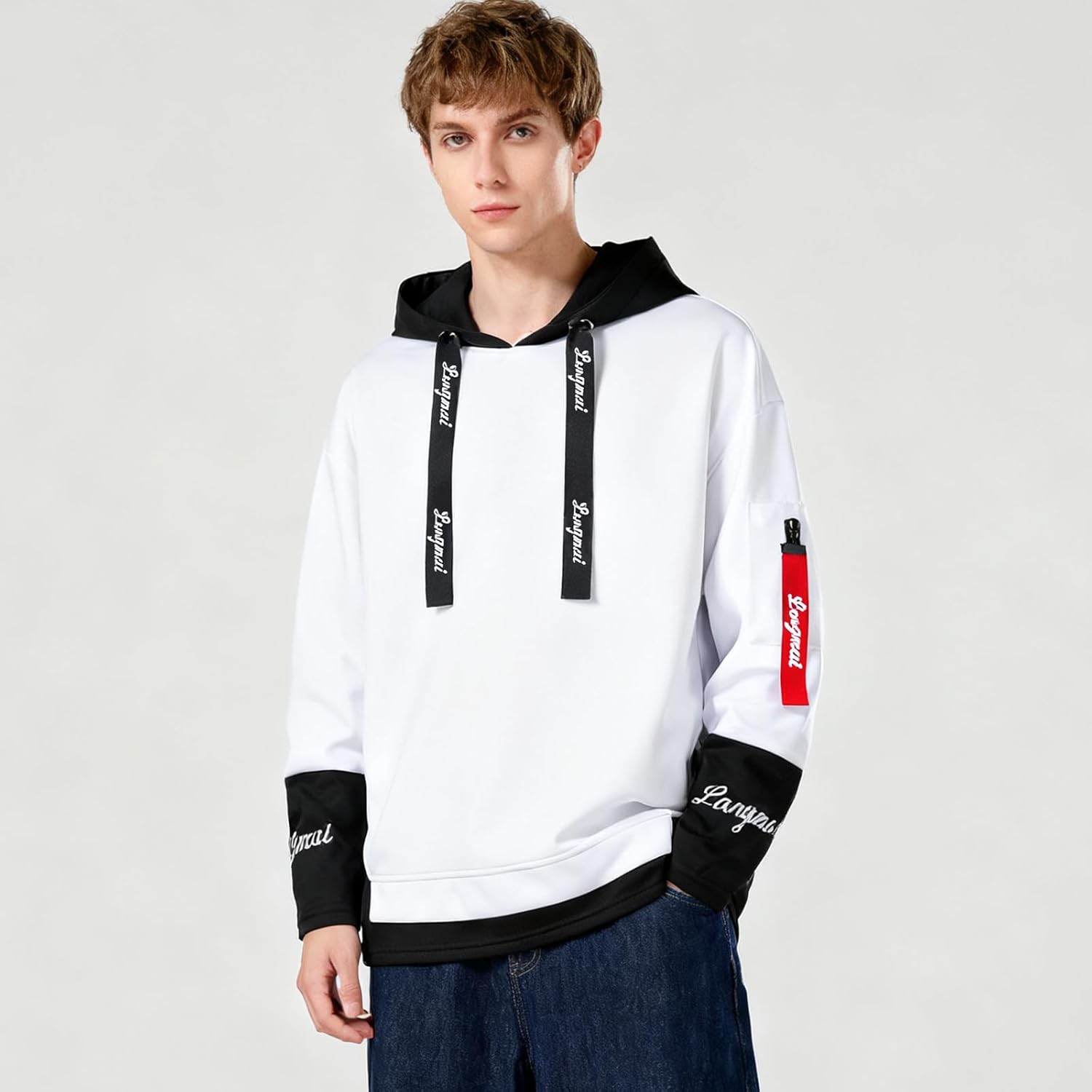 Hoodies for Men Contrast Color Pullover Hoodie Casual Colorblock Long Sleeve Sweatshirt - Image 5