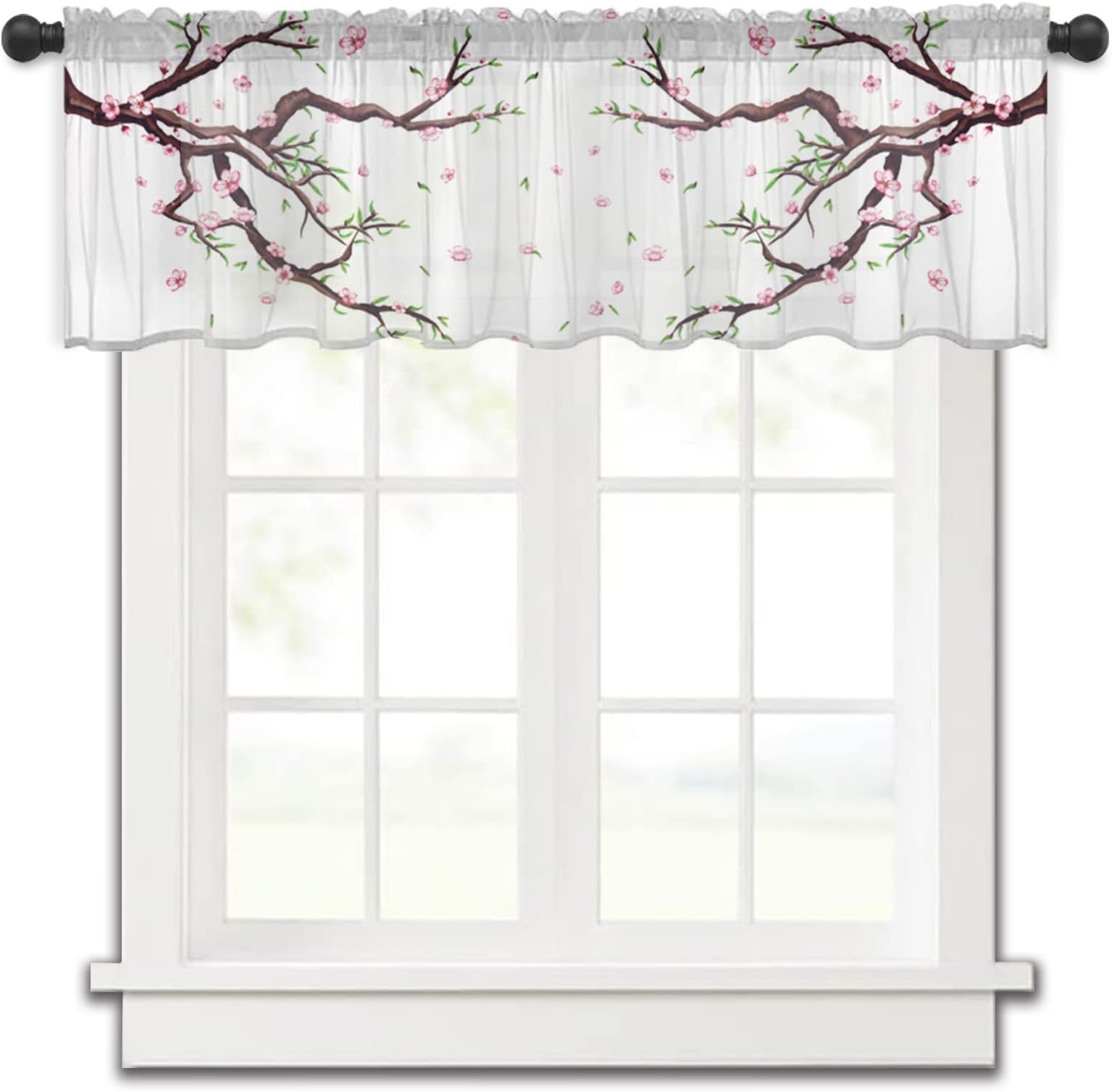 Valances for Windows, Cherry Blossoms on Branches in SpringLight Filtering Valance Curtains for Kitchen Living Room Bedroom Decor, Chiffon Window Valances with Rod Pocket 54"x18"