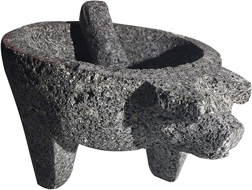 Thaweesuk Shop 8" MolcajeteTejolote Auténtico Mortero Mexicano y Maja Guacamole Salsa Maker Granos Cabeza de Cerdo Delantero 11" Aproximadamente 8"