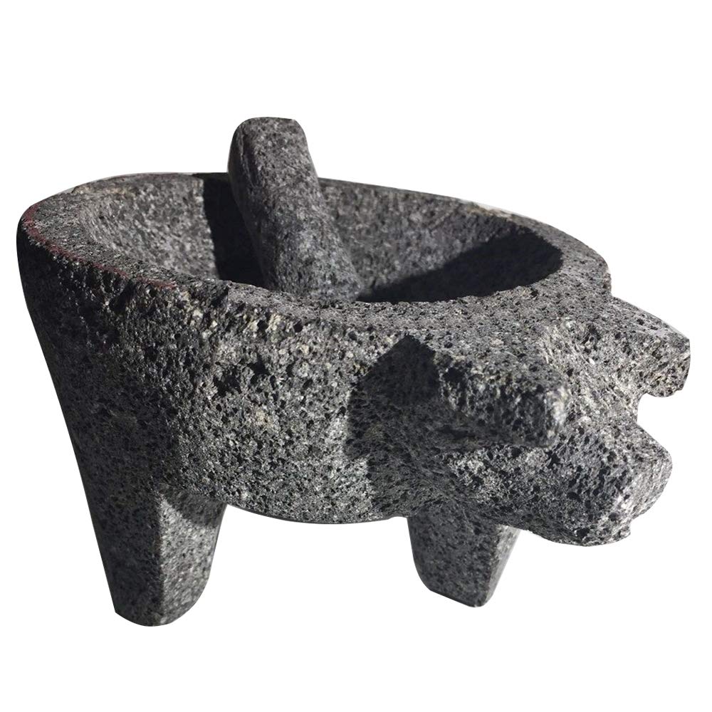 9" Molcajete/Tejolote Authentic Mexican Mortar &Pestle Guacamole Salsa Maker Grains Front Pig Head 11" About 9" round About 5" high.